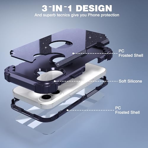 IDweel for iPhone 17 Case with Screen Protector for Women, 3 in 1 Shockproof Slim Fit Hybrid Heavy Duty Hard PC Cover Soft Silicone Bumper Full Body Anti-Fingerprint Case, Glitter Black/Blue - color: Glitter Black/Blue