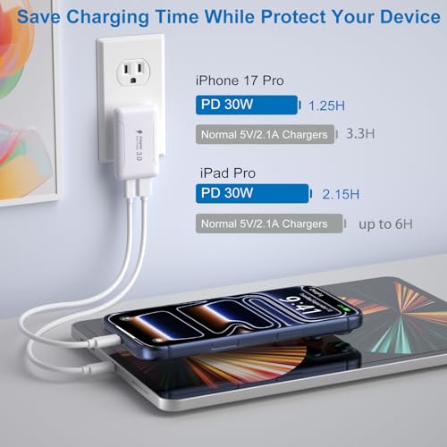 Slim Flat USB C Wall Charger, Costyle 2 Pack 50W USB A & USB C Charger Block Quick Fast Charge 3.0 Charging Block Brick with Foldable Plug Adapter for iPhone 17 16 15 14 13 12 Pro Max Pad Air(White) - color: White