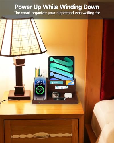 Fast Wireless Charging Station with Desk Organizer for iPhone 17/16/15/15 Pro/14/14 Pro Max/14 Pro/14 Plus/13/13 Pro Max/13 Pro/and iPhone 12/11 Series, Nightstand Desktop Organizer, Brown - color: Brown