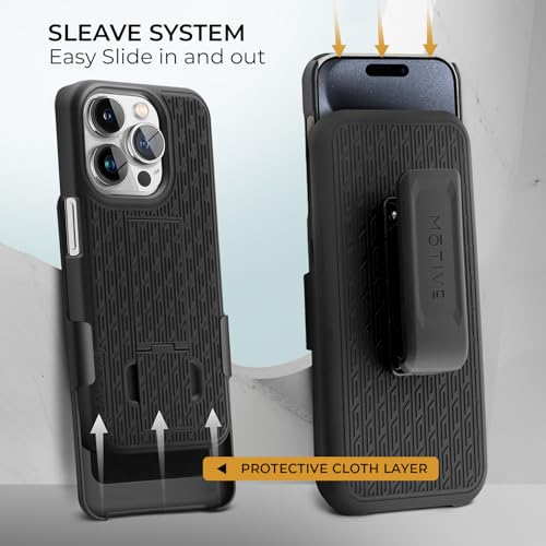 MOTIVE for iPhone 15 Pro Case with Belt Clip, Rigid, Kickstand | 6.1" | Ranger v1 Series, Black, 360° holster, open-top/open-bottom port access, textured grip, slim - size: iPhone 15 Pro