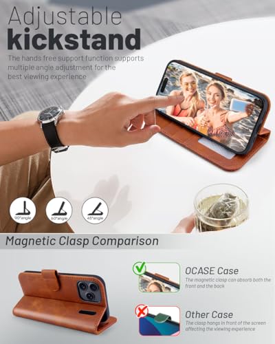 OCASE Compatible with iPhone 17 Pro Wallet Case, PU Leather Flip Folio Case with Card Holders RFID Blocking Kickstand [Shockproof TPU Inner Shell] Phone Cover 6.3 Inch 2025, Brown - color: Brown