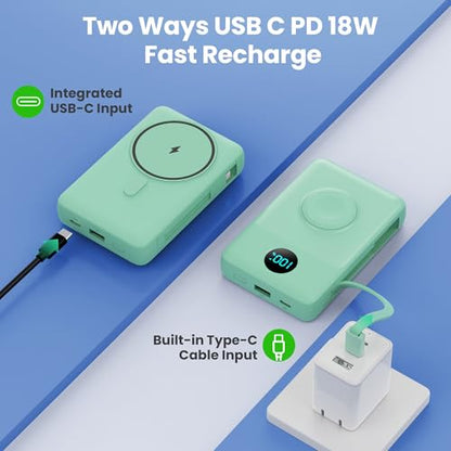 Ekrist Magnetic Portable Charger 10800mAh for MagSafe with Built-in Cable,iWatch Charger,Wireless Power Bank Travel Essentials,25W Fast Charging Battery Pack for iPhone 18/17/16/15,Apple Watch(Green) - color: Green