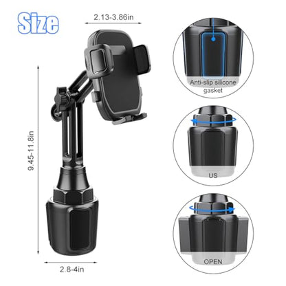 Car Cup Phone Holder, 360° Rotation with Long & Adjustable Neck