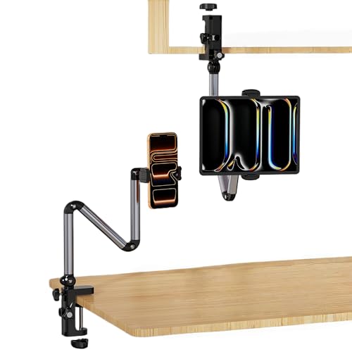 Aluminum Foldable Arm Tablet Stand, 360° Rotatable Phone Holder iPad Stand, Adjustable Tablet Mount for 4.7"-15.6" iPad, iPhone, Galaxy Tab, Compatible with Desk Bedside Kitchen, Gray
