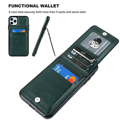 KIHUWEY for iPhone 11 Pro Max Wallet Case Card Holder Kickstand, Green | Credit Card Slots, PU Leather, Magnetic Clasp, Flip Heavy Duty Protection Cover for Men and Women - color: Green
