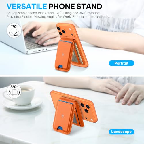 SHIELDON Genuine Leather for MagSafe Wallet Stand, 6 Card Holders, Orange - color: Orange
