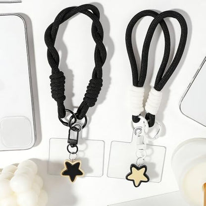 Black White Woven Ropes Phone Wrist Strap Cute Phone Lanyard Wrist With Tether Tab Anti-Lost Short Cellphone Lanyard Aesthetic Star Keychain Cell Phone Wristlet Strap For Case Keys Camera Women Men