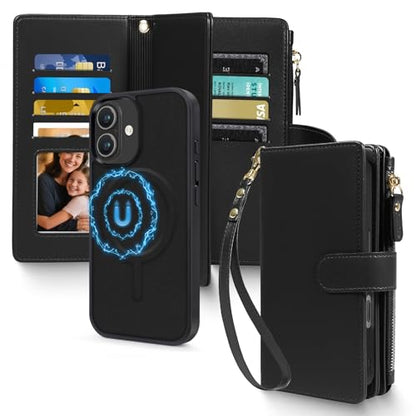 Magnetic Case for iPhone 17 Wallet Compatible with Magsafe RFID Blocking Card Holder Detachable Phone Cover Kickstand Snap Strap Zipper Pocket PU Leather 6.3 inch (Black) - color: Black, size: iPhone 17