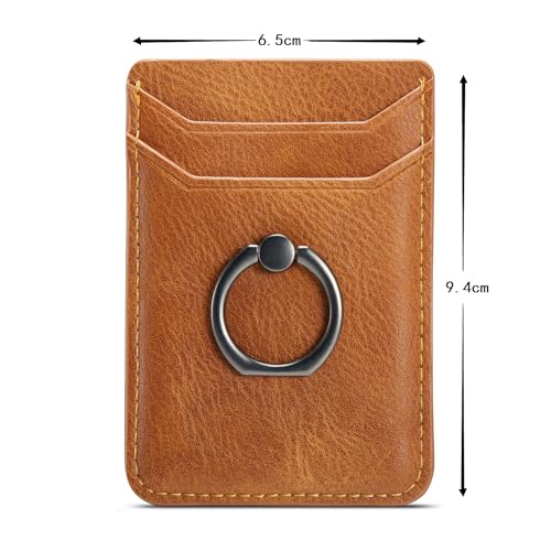 Card Holder Sleeve with Ring, RFID Credit Wallet Synthetic Leather Stick On Back Grip for iPhone Samsung Smartphone - Brown - color: Cow Brown