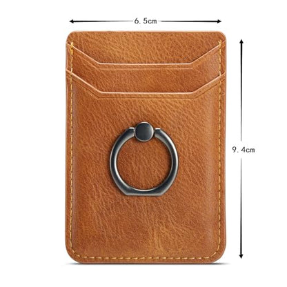 Card Holder Sleeve with Ring, RFID Credit Wallet Synthetic Leather Stick On Back Grip for iPhone Samsung Smartphone - Brown - color: Cow Brown