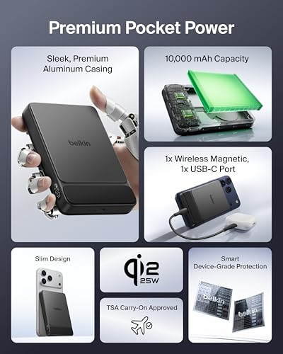 Belkin 10000mAh Qi2 25W Slim Portable Charger Power Bank with USB C Cable - color: Black