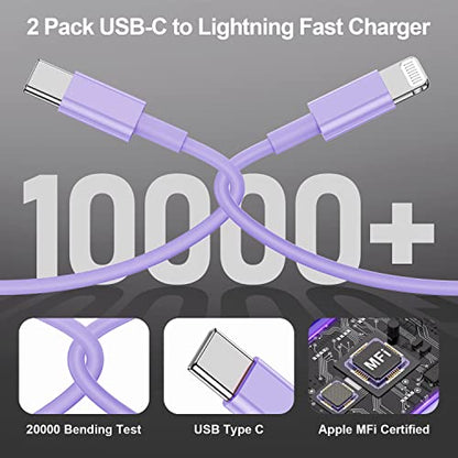 2 Pack Fast Charger Cable, 6ft USB-C to Lightning Cable, MFi Certified, Purple, for iPhone14/13/12/11 Pro Max/Mini/XR/XS, etc. - color: Purple, size: 6 feet