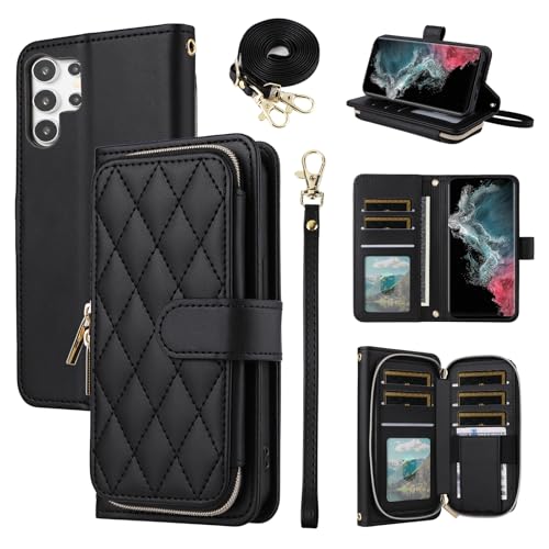 Wallet Case for Samsung Galaxy S21 Ultra 5G with Wrist Strap, 9+ Card Slots Zipper Purse, Luxury PU Leather Stand Full Body Phone Cover for S21ultra 21S S 21 21ultra G5 Women Girls Black | Wrist/Shoulder Strap, Card Slots, Purse, Luxury PU Leather, Stand,