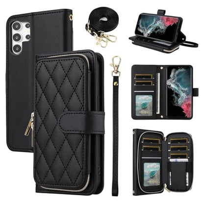 Wallet Case for Samsung Galaxy S21 Ultra 5G with Wrist Strap, 9+ Card Slots Zipper Purse, Luxury PU Leather Stand Full Body Phone Cover for S21ultra 21S S 21 21ultra G5 Women Girls Black | Wrist/Shoulder Strap, Card Slots, Purse, Luxury PU Leather, Stand,