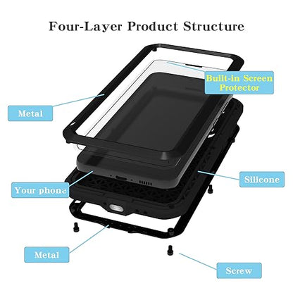 LOVE MEI Military Rugged Case for Samsung Galaxy S23 Fe, with Tempered Glass Screen Protector, Shockproof Dustproof Scratch Proof Hybrid Metal and Silicone Gel Heavy Duty Full Body Cover Black - color: Black