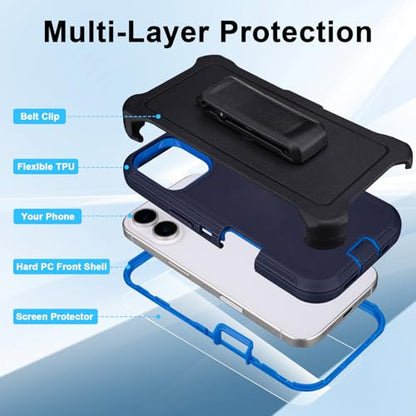 Defender for iPhone 16 Case with Belt Clip, Screen Protector Included | Military Grade Drop Protection, Rugged Shockproof Anti-Drop Full Body Protective Case for iPhone 16 6.1 Inch, Navy Blue - color: Navy+Blue