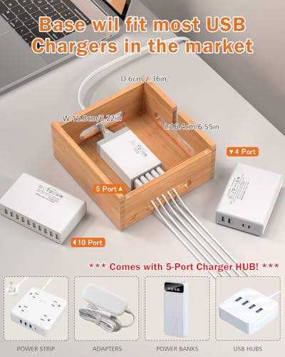 Pezin & Hulin Bamboo Phone Charging Station with 5-Port Charger & 5 Cables - color: Dock Rack+Cables+Charger