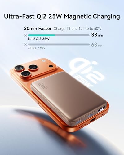INIU for MagSafe Qi2.2 25W Portable Charger, Slimmest 10000mAh Power Bank - color: Brown
