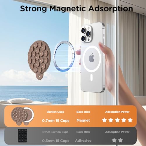 Magnetic Suction Cup Phone Mount with MagSafe, Silicone Hands-Free Grip Holder for iPhone Case and Android, Mirror Shower Phone Stand for Makeup FaceTime Gym Kitchen Bathroom, Light Brown - color: Light Brown