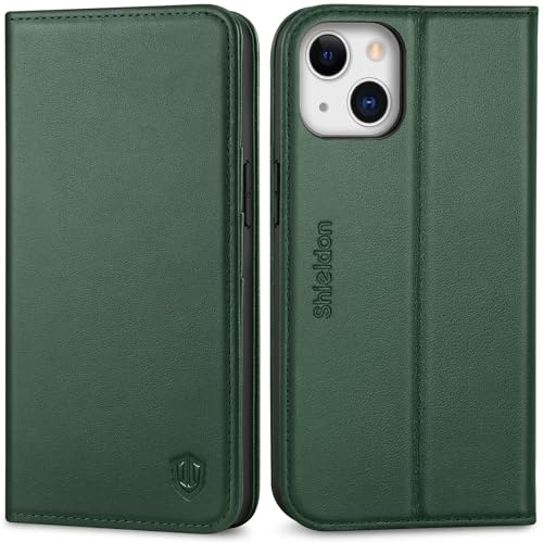 SHIELDON Genuine Leather Case Wallet for iPhone 13 6.1", Midnight Green | Folio Magnetic Closure, RFID Blocking, Credit Card Holder, Kickstand, Shock Absorbing Protective Cover - color: Midnight Green
