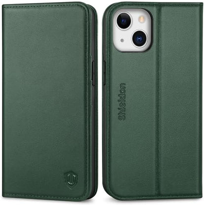 SHIELDON Genuine Leather Case Wallet for iPhone 13 6.1", Midnight Green | Folio Magnetic Closure, RFID Blocking, Credit Card Holder, Kickstand, Shock Absorbing Protective Cover - color: Midnight Green