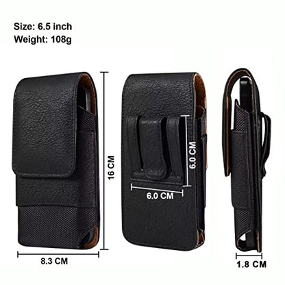 Cell Phone Belt Clip Holster Leather Men, Cell Phone Waist Bag with Card Holder, Vertical Leather Smartphone Pouch with Belt Loop Carry Case Travel Outdoor Camping Phone Belt Holder Wallet Fanny Pack - color: Black, size: 6.5 INCH