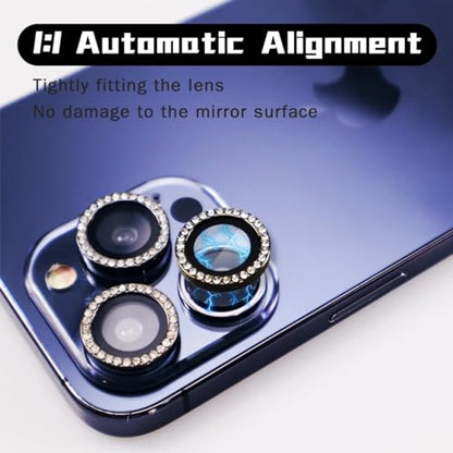 BONVAN for iPhone 15 Pro/Pro Max/14 Pro/ProMax Camera Lens Protector - Bling Glitter Diamond Metal Crystal Tempered Glass Screen Accessories Rhinestones Lens Cover (Black) - color: Black