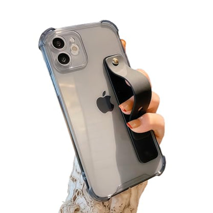 Compatible for iPhone 12 Case with Strap Holder Stand - Black | Wristband Kickstand, Clear Soft TPU, Adjustable Finger Hand Grip Loop, Shockproof Bumper Rugged Cover - color: Black, size: iPhone 12 6.1"