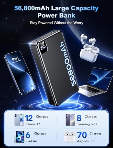 Portable Charger 56800mAh, 22.5W Fast Charging Power Bank with LED Display - color: Black