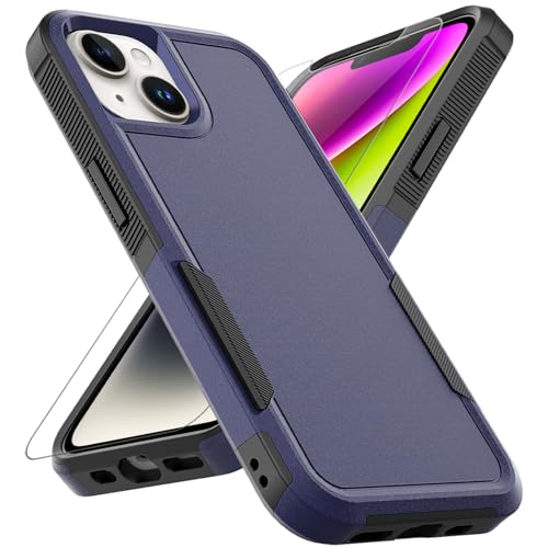 for iPhone 14 / iPhone 13 Case: Dual Layer Protective Heavy Duty Cell Phone Case Shockproof Rugged Bumper Tough with Screen Protector - 16FT Military Grade Drop Tested for iPhone 14 / iPhone 13, Blue - color: Navy Blue (PC) + Black (TPU)