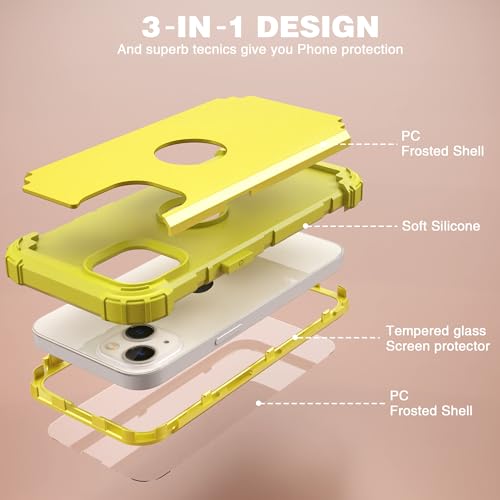 IDweel for iPhone 15 Case with Screen Protector,Luxury 3 in 1 Shockproof Slim Fit Hybrid Heavy Duty Protection Glitter Hard PC Cover Soft Silicone Bumper Full Body Case,Yellow - color: Yellow