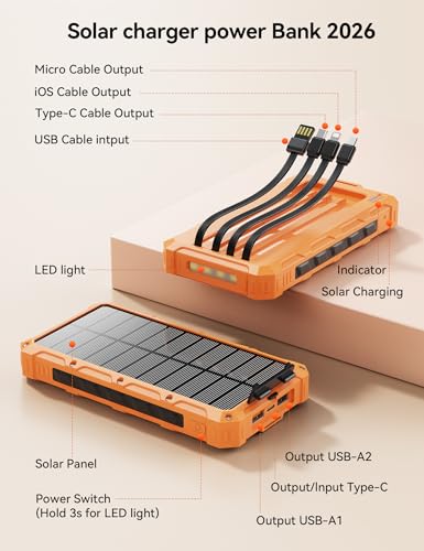 Solar Charger Portable Power Bank 20000mah External Battery Pack for iphone - color: Orange
