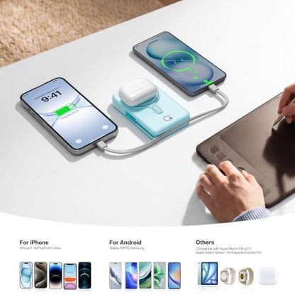 Q Magnetic Wireless Portable Charger 10,000mAh, Travel Essentials Power Bank with Built-in Cables & Foldable Stand, External Battery Pack Compatible with iPhone 17/16/15/14/13/12, Apple Watch - color: Blue