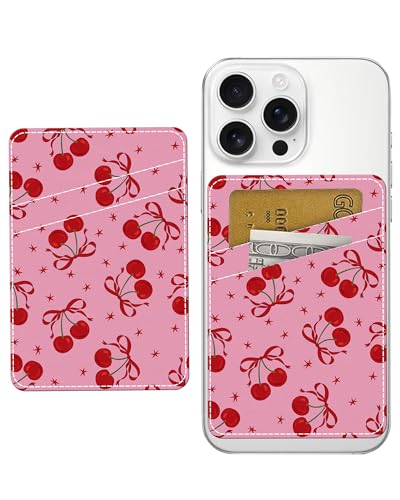 Phone Card Holder, Dual Pocket Leather Phone Wallet Adhesive Stick On, Cute Card Holder, Credit Card Holder for Phone Case Pink Cherry Pow - color: Pink Cherry Pow