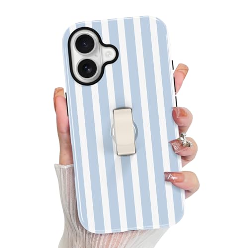 KANGHAR Compatible with iPhone 17 Case Stripes -Light Blue | Support for MagSafe Cute Pattern Finger Hold Wristband Kickstand Camera Protection Soft Slim Phone Case for Girls Women - color: Light Blue(Stripes), size: iPhone 17
