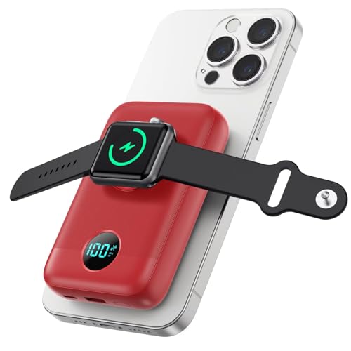 Magnetic Portable Charger for iPhone,10800mAh 4-in-1 Power Bank with iWatch Charger,25W PD Fast Charging Battery Pack for Magsafe,iPhone 17/16/15/14/13/12 Series,Apple Watch,Travel Essential,Red - color: Red