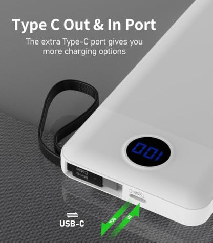 Portable Charger, Power Bank Built-in 4 Cables, Travel Essential - color: White