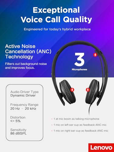 Lenovo Wired ANC Headset, USB-C and USB-A connectivity, Zoom Certified, Active Noise Cancellation, Hearing Protection, 145g Lightweight Comfortable Design, Replaceable Earcups, Business Headset - style: Wired ANC Gen 2 (UC)