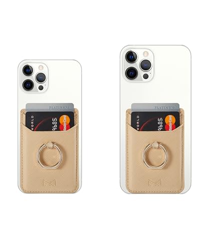 Card Holder Sleeve with Ring, RFID Credit Wallet PU Leather Stick On Back Grip for iPhone Samsung Smartphone - Gold - color: Gold