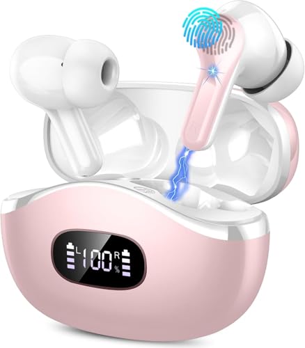 Wireless Earbuds, Bluetooth Headphones 5.4 HiFi Stereo Ear buds with ENC Noise Cancelling Mic, 40H Bluetooth Earbuds with Dual LED Display Charging Case, IP7 Waterproof Earphones for Android iOS, Pink - color: Pink
