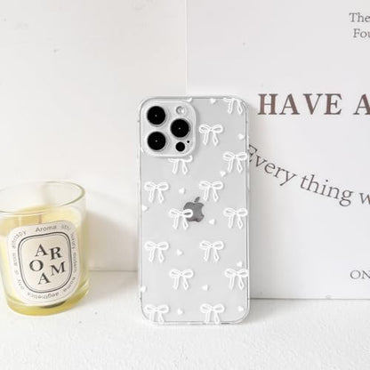 NITITOP Compatible with iPhone 13 Pro Max Case Clear Cute Bow Ribbon Love Heart Pattern for Women Girls Bowknot Full Camera Lens Soft TPU Slim Shockproof Protective Cover - White - color: White, size: iPhone 13 Pro Max