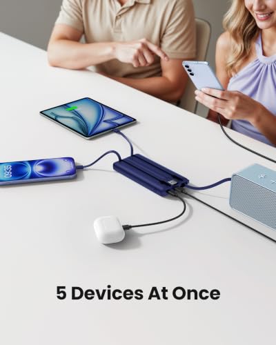 Portable Power Bank, Compact 10000mAh Portable Charger with 4 Cables, USB C Battery Pack 5 Outputs 2 Inputs LED Display Compatible with iPhone/Android & More (Navy Blue) - color: Navy Blue