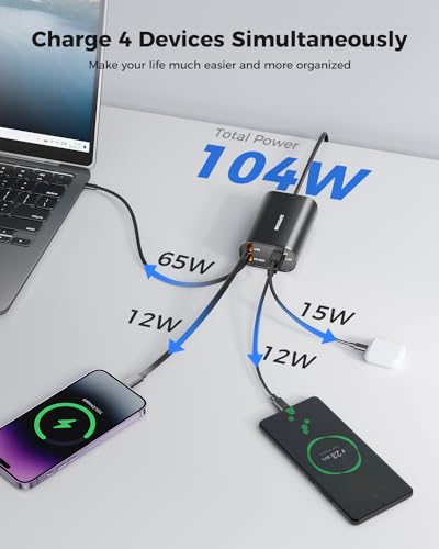SUPERONE 4-in-1 Retractable Charging Station, 104W GaN Retractable Charger - color: Frosted Black