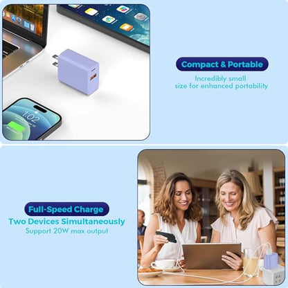 2Pack iPhone 17 Fast Charger,20W Dual USBA+C QC Wall Charger with 10FT Cord - color: Purple/Pink