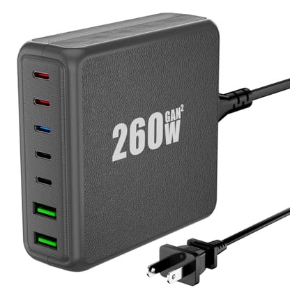 USB C Charger Block, 260W 7-Port Desktop USB C Charger, 2x65W Ports Laptop Charging Compatible with MacBook Pro/Air, iPad Series,iPhone 14/13/Mini/Pro/13Pro Max/12, Galaxy - color: grey
