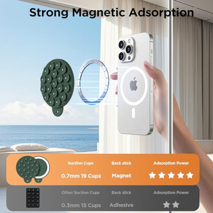 Magnetic Suction Cup Phone Mount, Compatible with MagSafe, Silicone Octo Cup Buddy Sticky Grip Holder for iPhone and Android, Removable Hands-Free Selfie/Video for TikTok, Alpine Green - color: Alpine Green