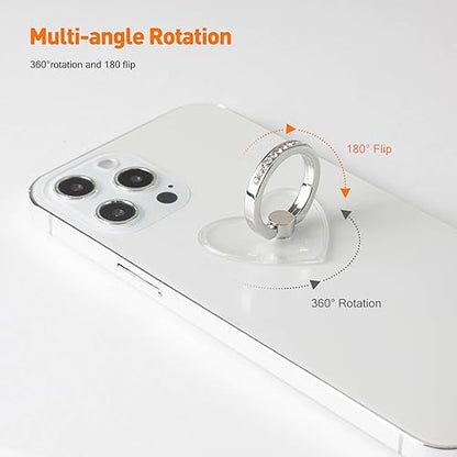 [2 Pack] Transparent Diamond Setting Cell Phone Ring Holder Stand,360 Degree Rotation and 180 Degree Adjustable Finger Ring Kickstand with Polished Electroplated Phone Grip (Love Heart)