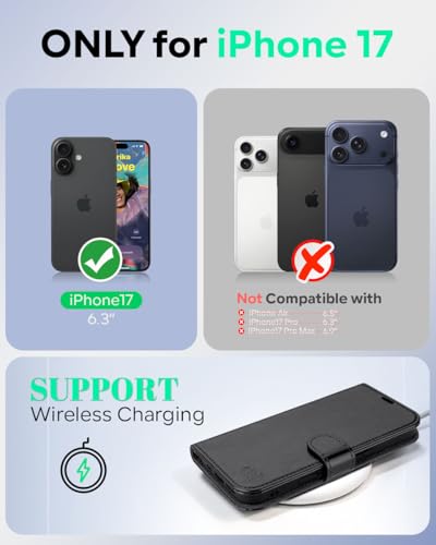 OCASE for iPhone 17 Wallet Case, Card Holder, Black | RFID Blocking, Kickstand, Magnetic Closure, PU Leather Flip Folio, Shockproof TPU Shell, Protective Phone Cover (6.3") 2025 - color: Black