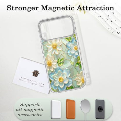 for iPhone 17 Pro Max Magnetic Case【Compatible with MagSafe】 Aesthetic Oil Painting Stained Glass Flower Design, Slim Fit Hard PC Back Shockproof Cute Clear Phone Cover, White Blue - color: White Blue, size: iPhone 17 Pro Max