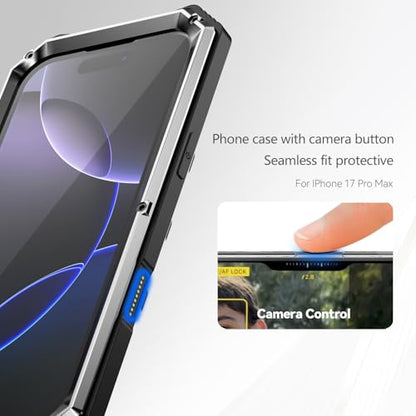 Simicoo Military Metal Heavy Duty Case Compatible with iPhone 17 Pro, Drop Protection Rugged Defender Metal Bumper Screws Phone Cover with Stand Gorilla Glass Camera Cover Full Body Dustproof Silver - color: Silver, size: iPhone 17 Pro